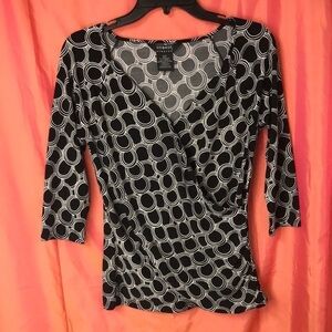 GEORGE Women’s Wrap Top Size S Black White 3/4 Sleeves Stretchy Career or Play